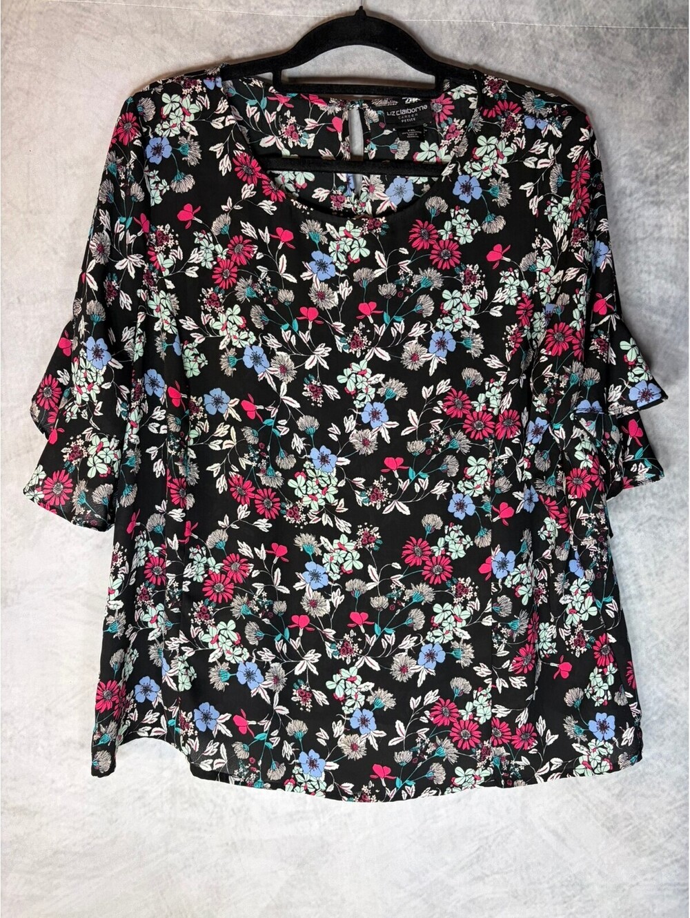 Liz Claiborne Career Petite Womens PXL Black Floral Bell Sleeve Blouse